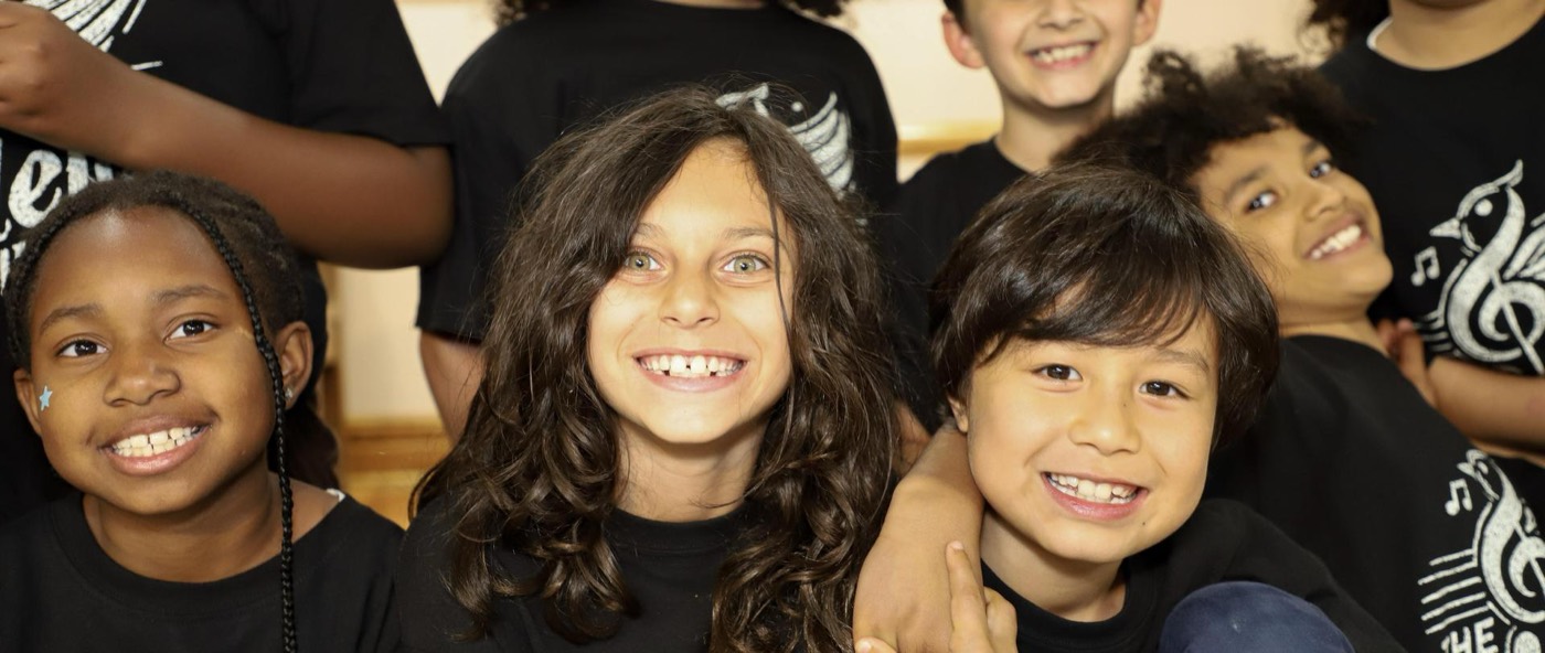 Students sitting in a group smiling